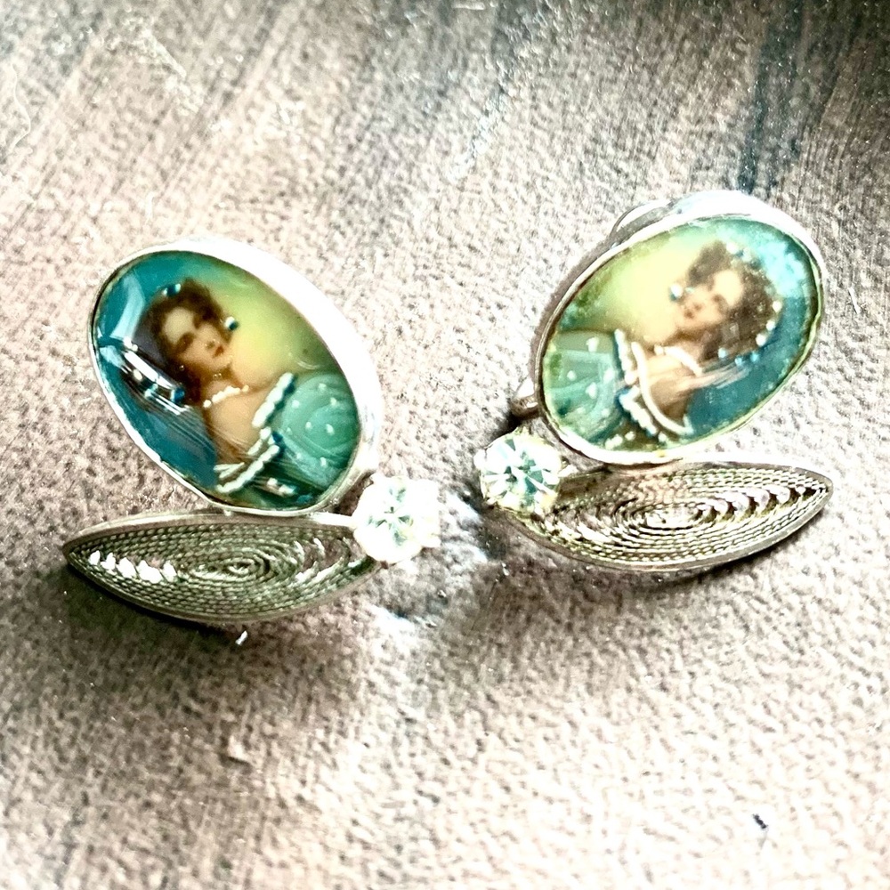 Carl Art Rare Vintage Sterling Silver Hand Painted Lady Earrings
